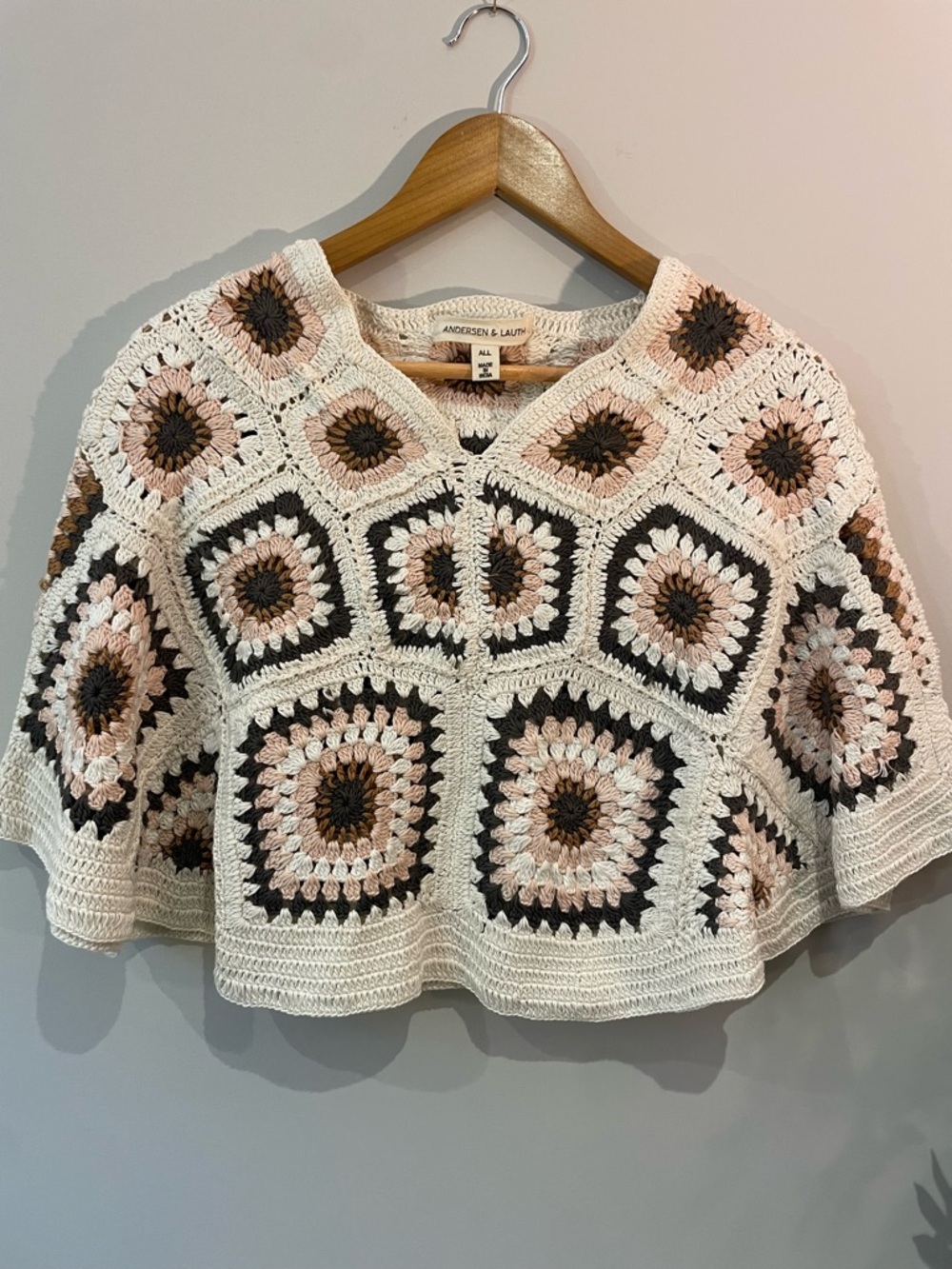 Anthropologie Cream Crochet Square Knit Shawl